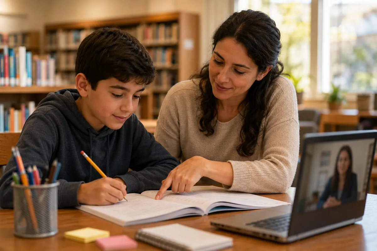 A tutor works through a workbook with a student while a laptop suggests the online option