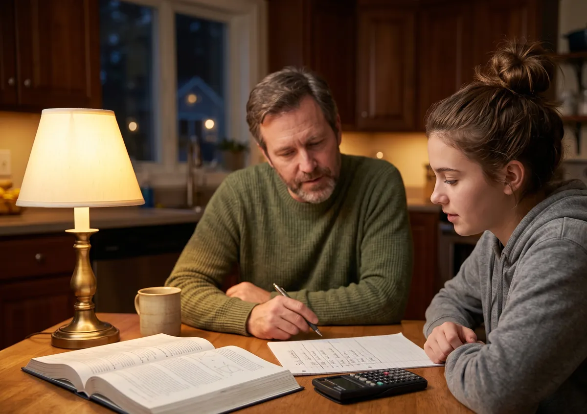 A parent and student review a study schedule and budget at the kitchen table